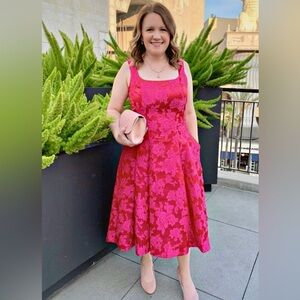 Sz 14W Luxe by Carmen Marc Valvo Vibrant Red Embossed Pink Floral Formal Dress